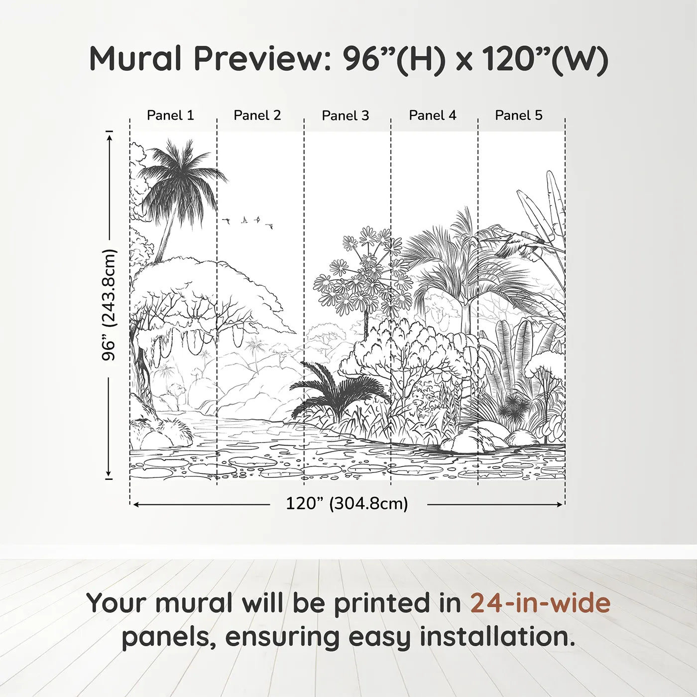 Whimsy Tots Jungle Coloring Page Wall Muraldimension view (96" H x 120" W). Printed in five 24-inch-wide panels. Gender-Neutral