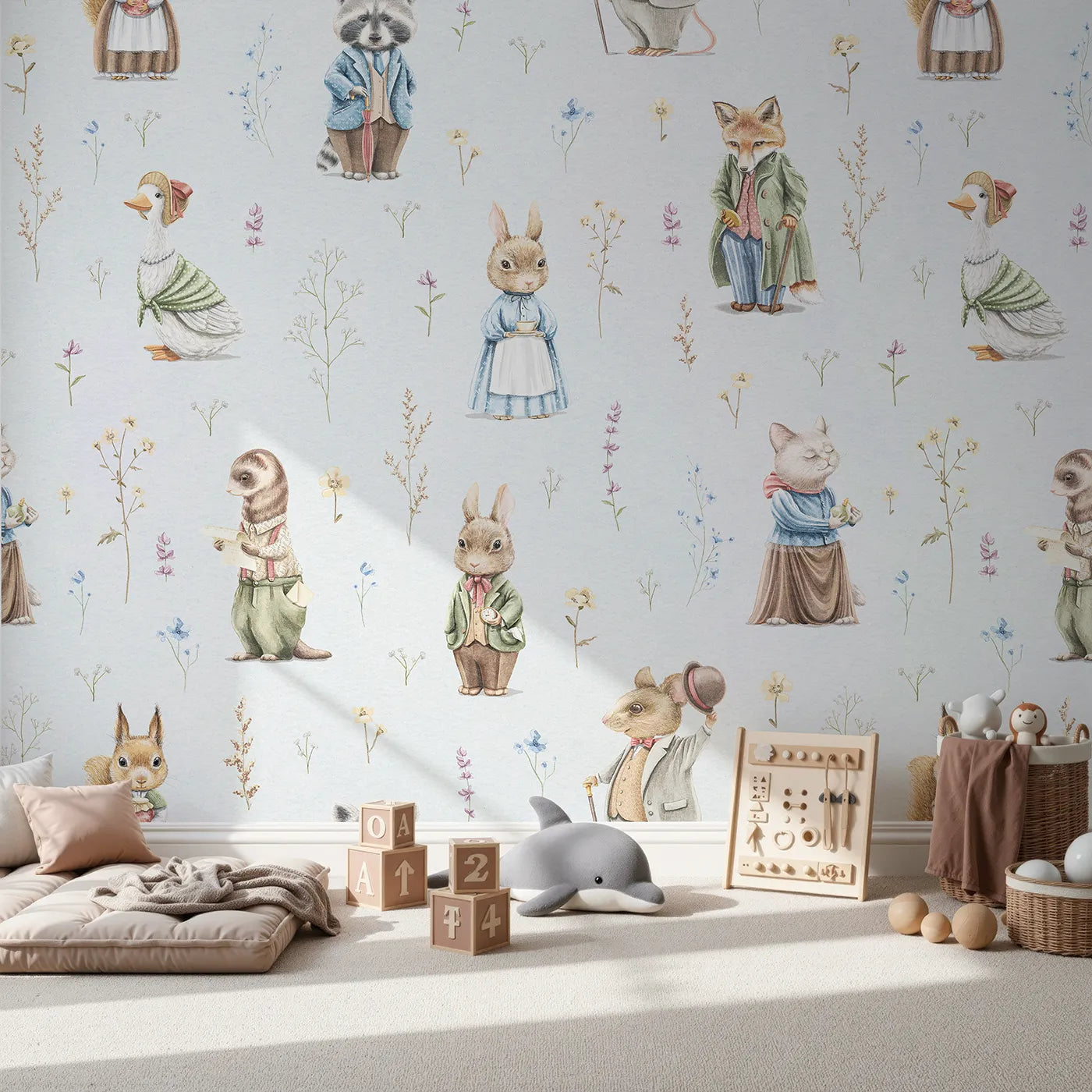 Front view of Whimsy Tots' Vintage Woodland Friends Wall Mural