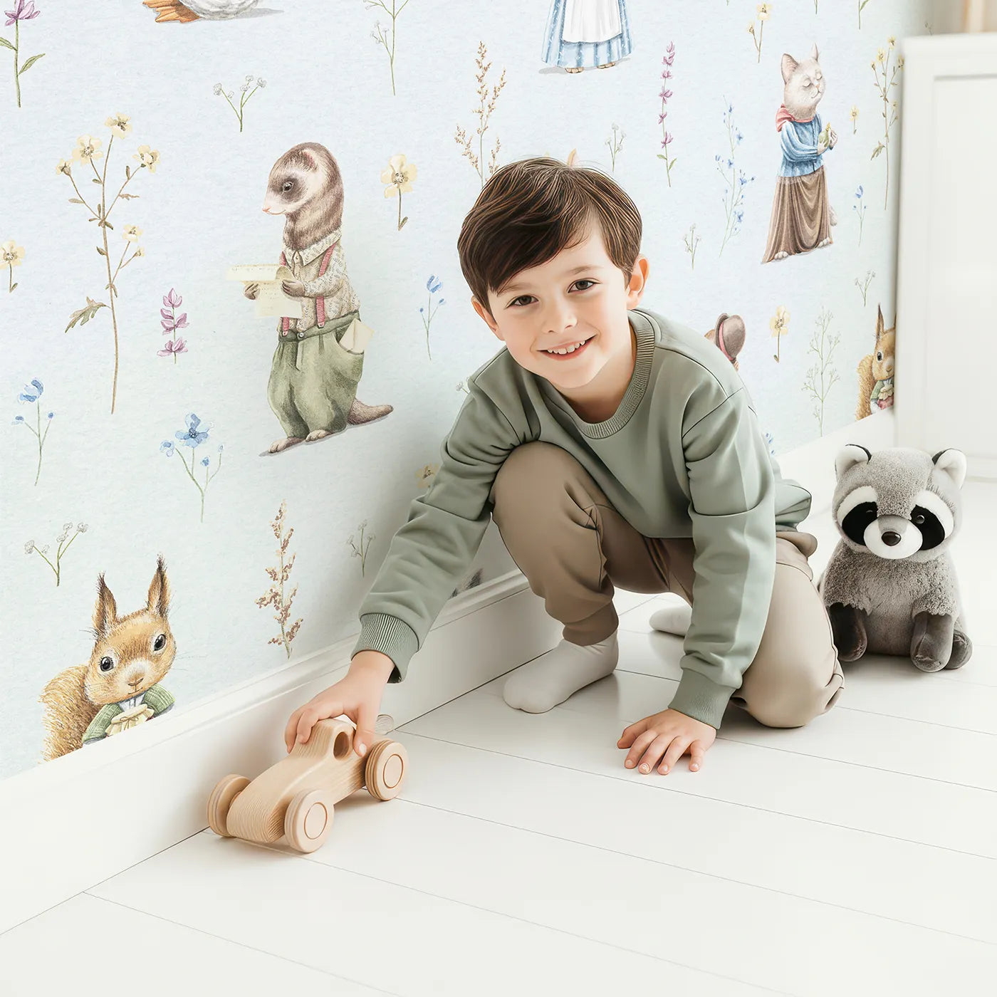 Child in front of Whimsy Tots Vintage Woodland Friends Wall Mural with animal, woodland, vintage, rabbit, fox, squirrel, storybook, classic in design.