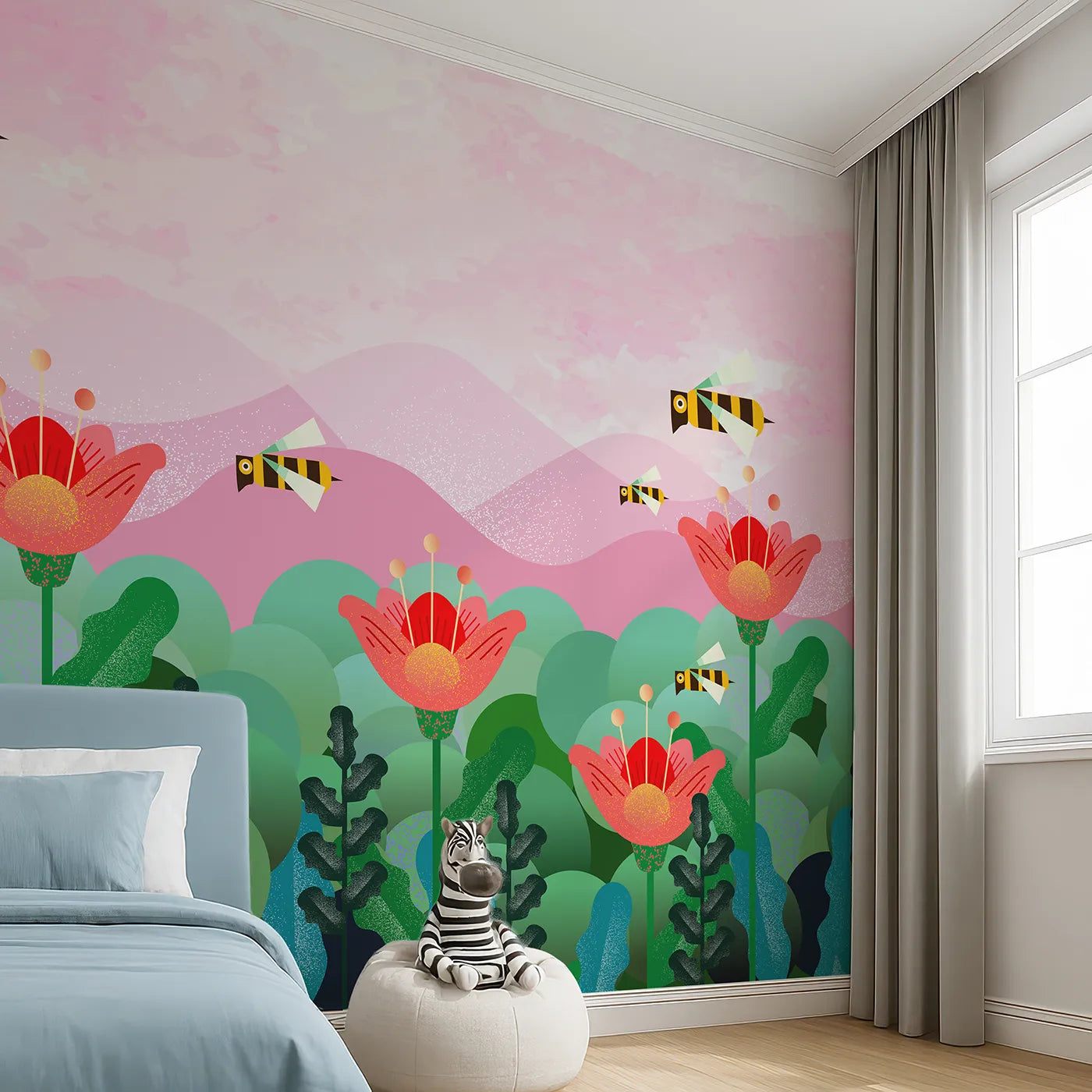 Angled view of Whimsy Tots' Geometric Bee Garden Wall Mural (Turn Their Room into a Sweet and Stylish Meadow).Best for Girls