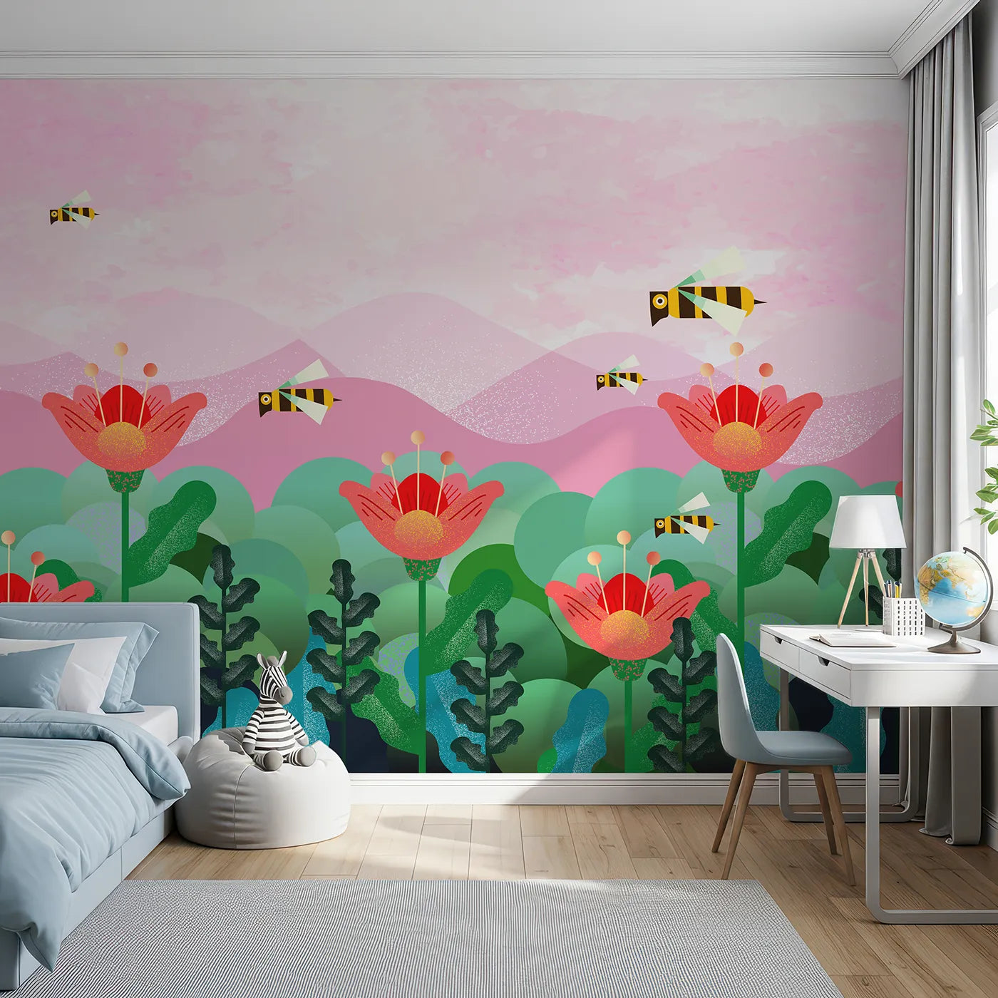 Front view of Whimsy Tots' Geometric Bee Garden Wall Mural