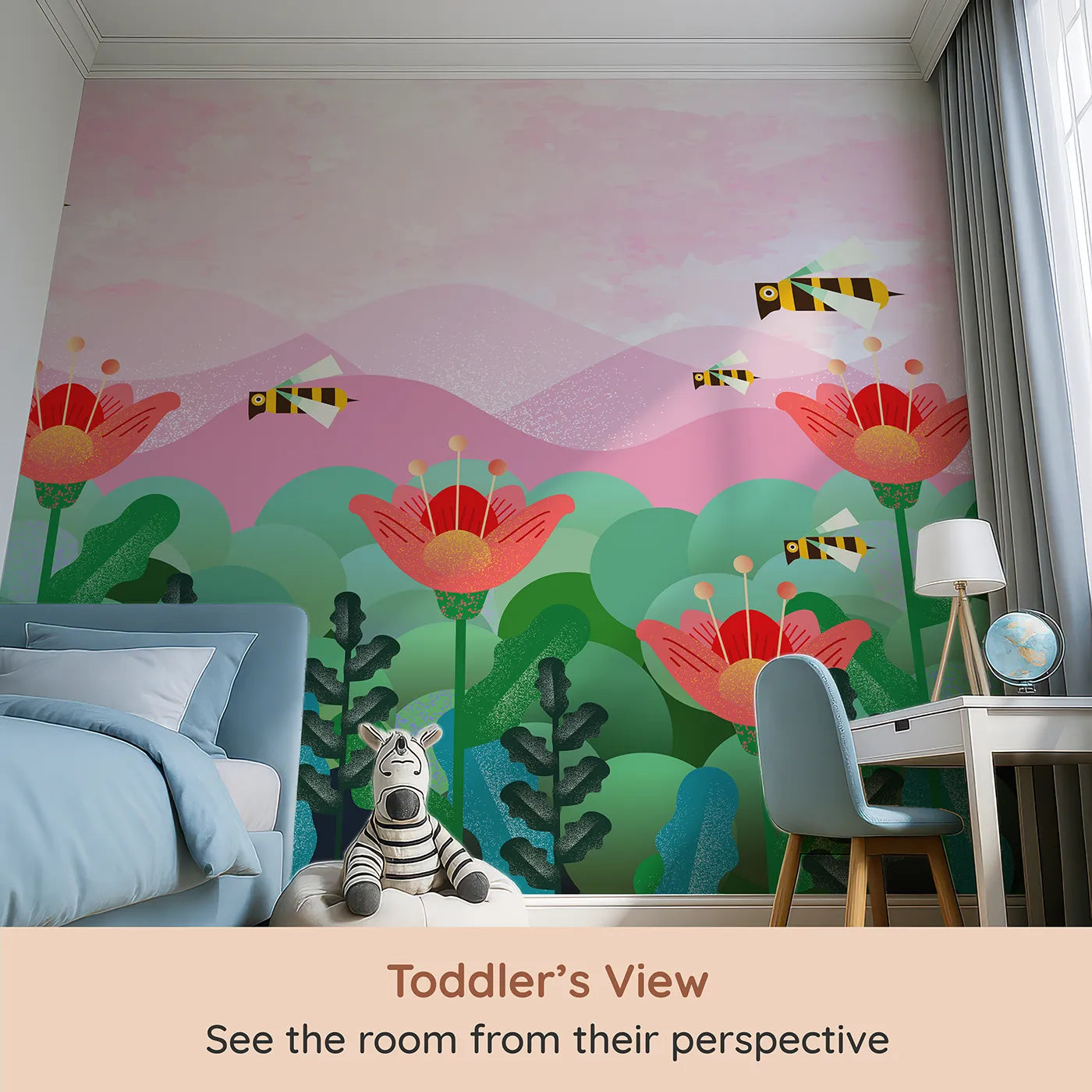 Whimsy Tots Geometric Bee Garden Wall Mural (Turn Their Room into a Sweet and Stylish Meadow) from your child's view.Best for Girls