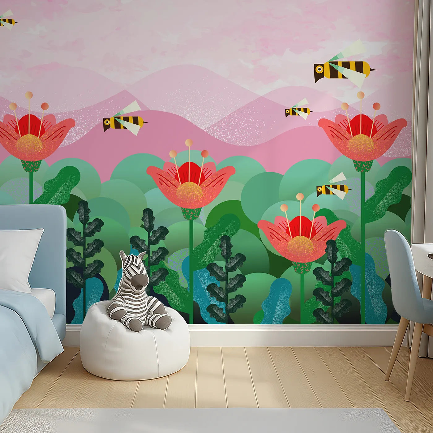 Top-down view of Whimsy Tots' Geometric Bee Garden Wall Mural (Turn Their Room into a Sweet and Stylish Meadow).Best for Girls