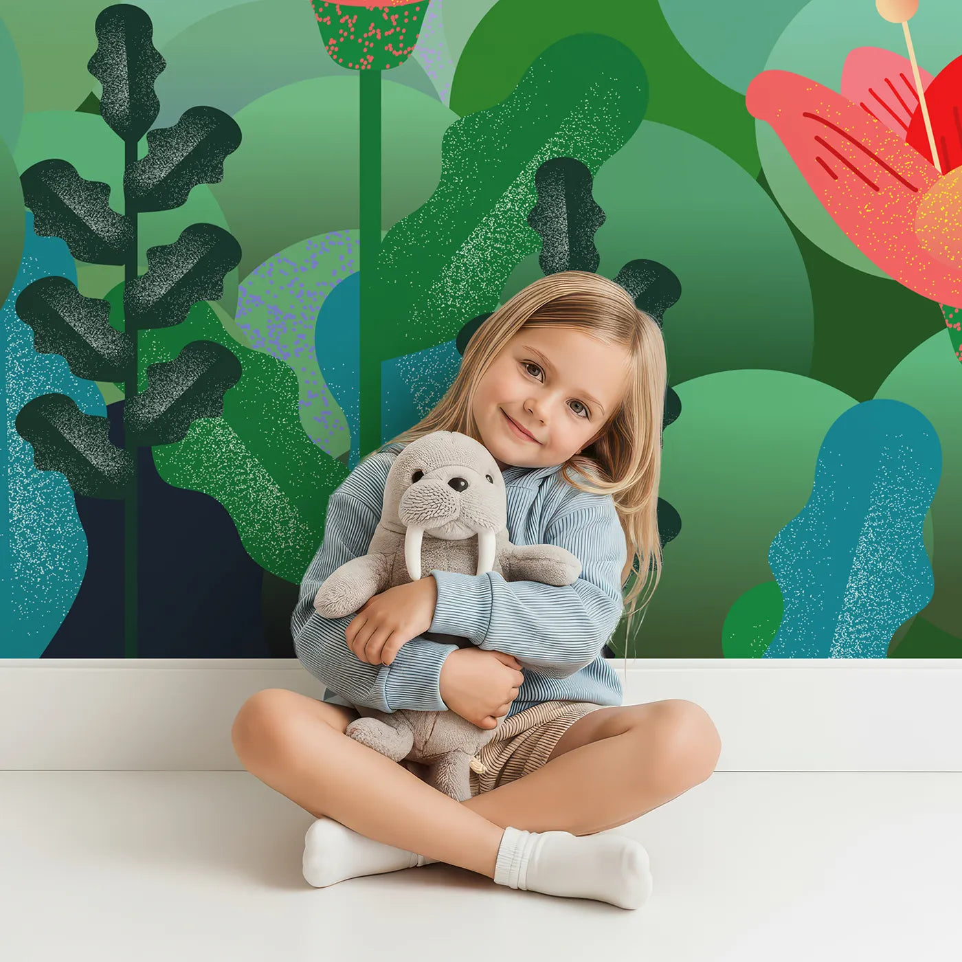Child in front of Whimsy Tots Geometric Bee Garden Wall Mural with bee, flower, garden, pink, modern, geometric, insect, nature in design.