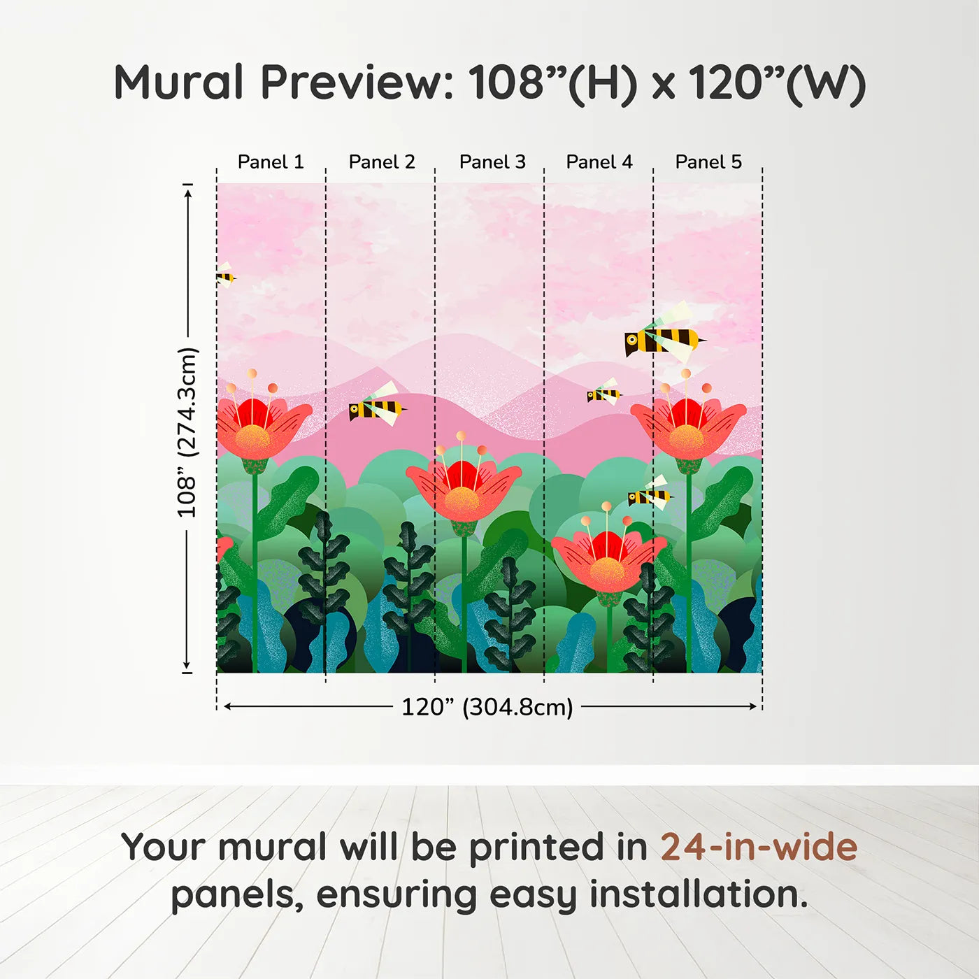 Whimsy Tots Geometric Bee Garden Wall Muraldimension view (108" H x 120" W). Printed in five 24-inch-wide panels. Best for Girls