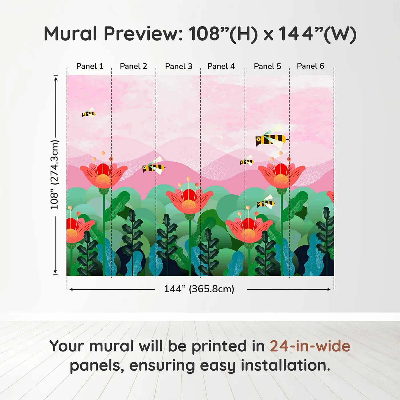 Whimsy Tots Geometric Bee Garden Wall Muraldimension view (108" H x 144" W). Printed in six 24-inch-wide panels. Best for Girls