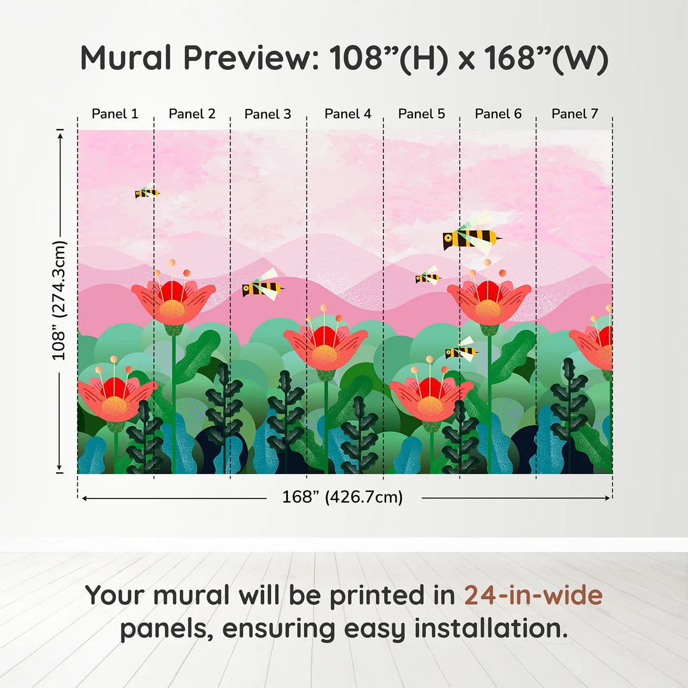 Whimsy Tots Geometric Bee Garden Wall Muraldimension view (108" H x 168" W). Printed in seven 24-inch-wide panels. Best for Girls