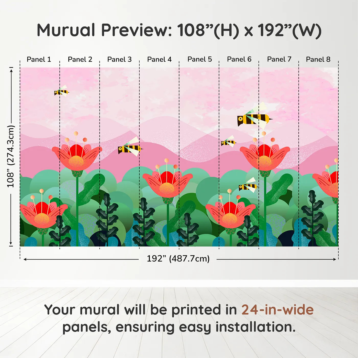Whimsy Tots Geometric Bee Garden Wall Muraldimension view (108" H x 192" W). Printed in eight 24-inch-wide panels. Best for Girls