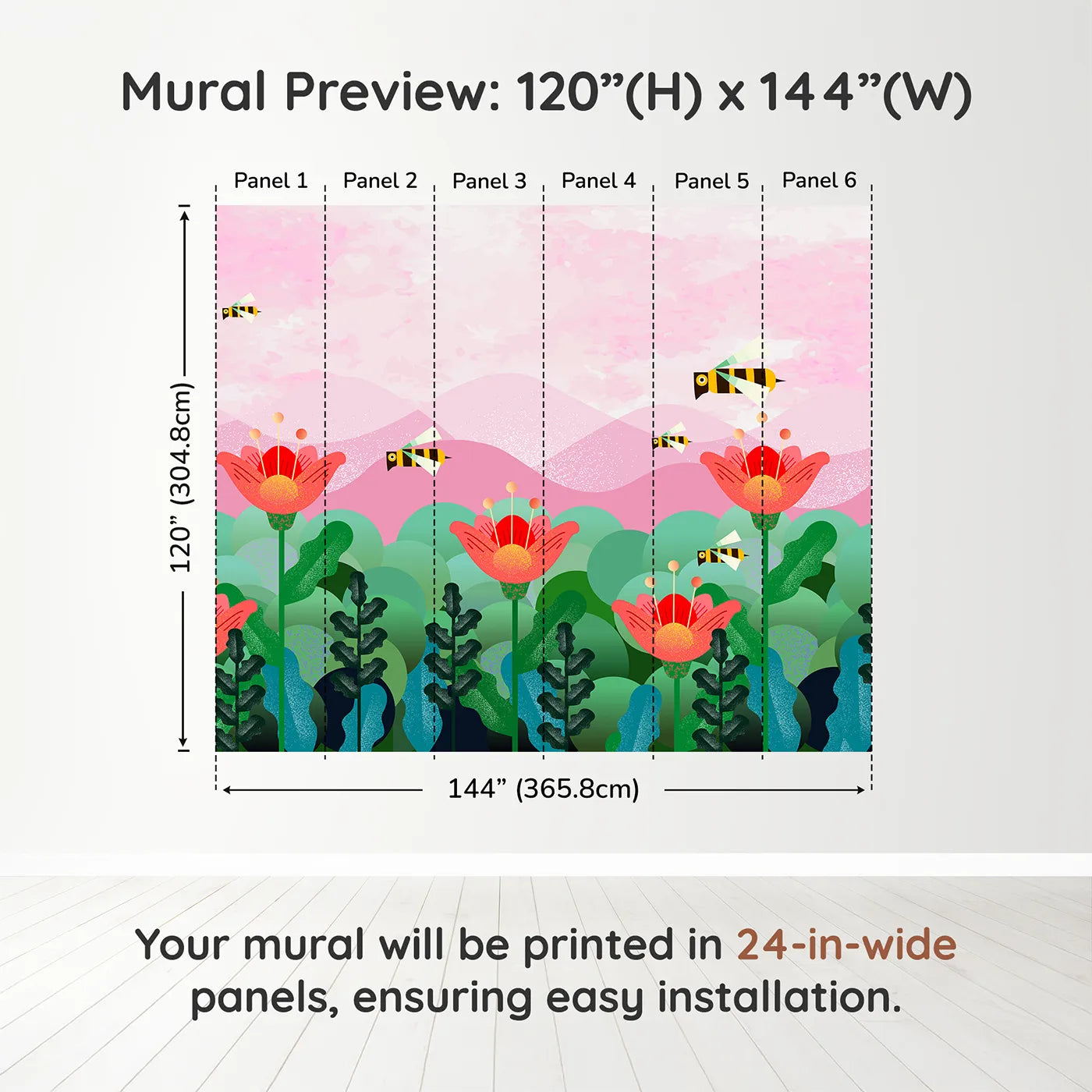 Whimsy Tots Geometric Bee Garden Wall Muraldimension view (120" H x 144" W). Printed in six 24-inch-wide panels. Best for Girls