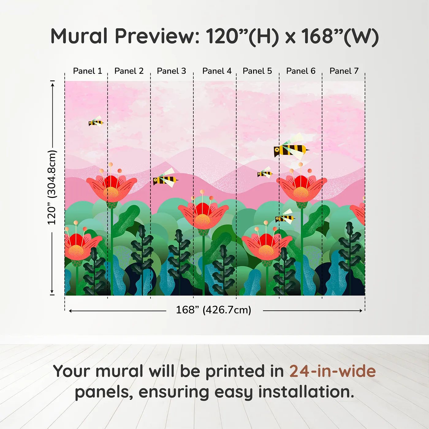 Whimsy Tots Geometric Bee Garden Wall Muraldimension view (120" H x 168" W). Printed in seven 24-inch-wide panels. Best for Girls