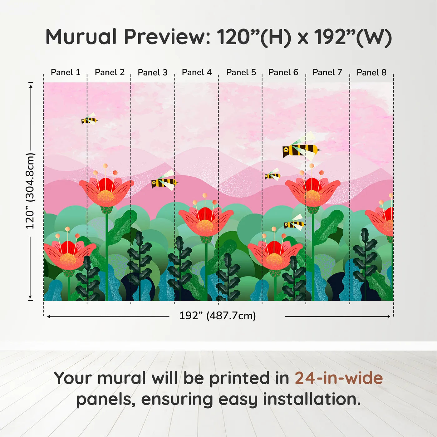 Whimsy Tots Geometric Bee Garden Wall Muraldimension view (120" H x 192" W). Printed in eight 24-inch-wide panels. Best for Girls