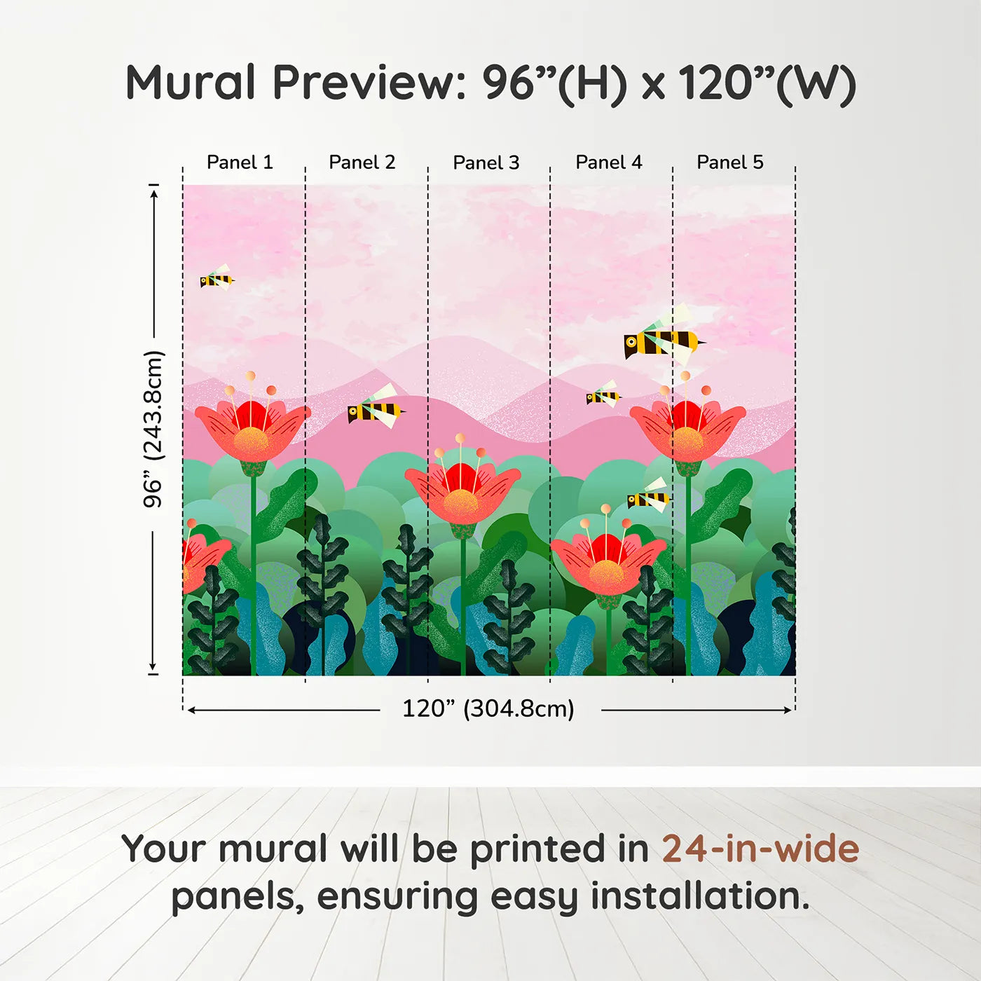 Whimsy Tots Geometric Bee Garden Wall Muraldimension view (96" H x 120" W). Printed in five 24-inch-wide panels. Best for Girls