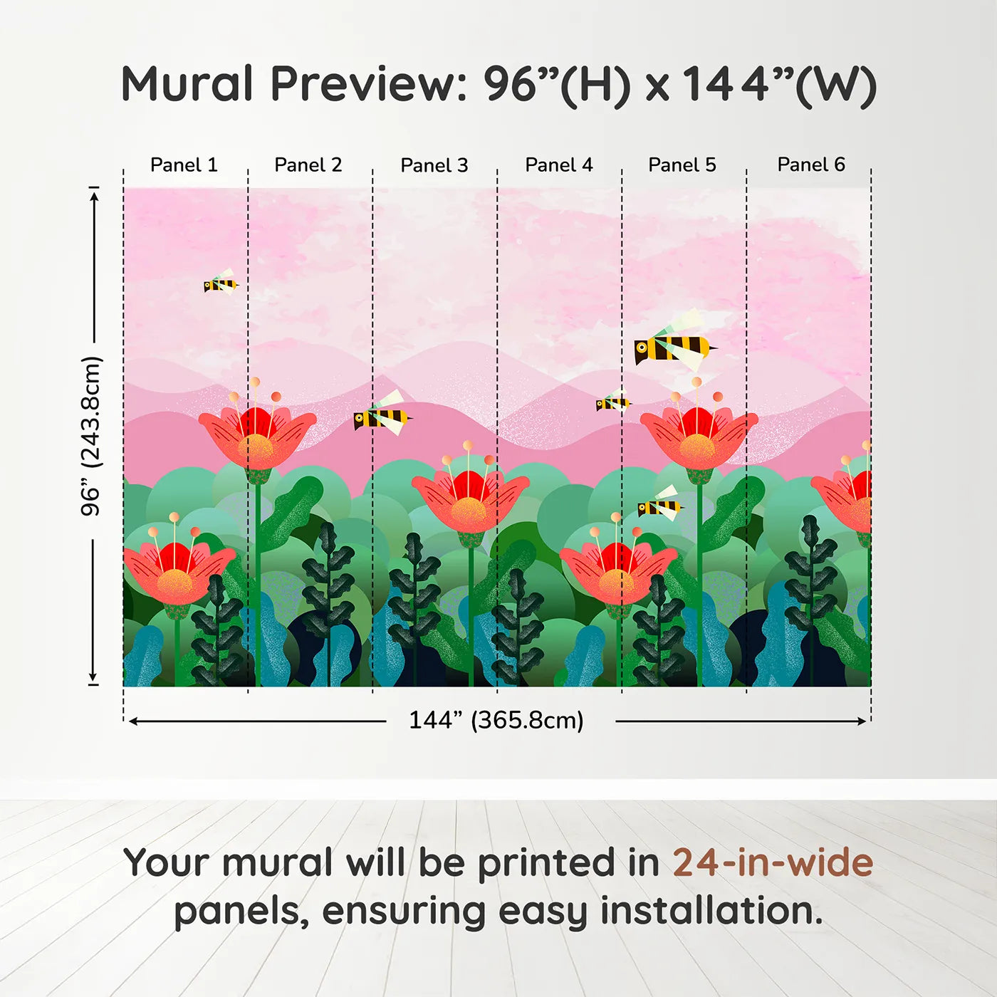 Whimsy Tots Geometric Bee Garden Wall Muraldimension view (96" H x 144" W). Printed in six 24-inch-wide panels. Best for Girls