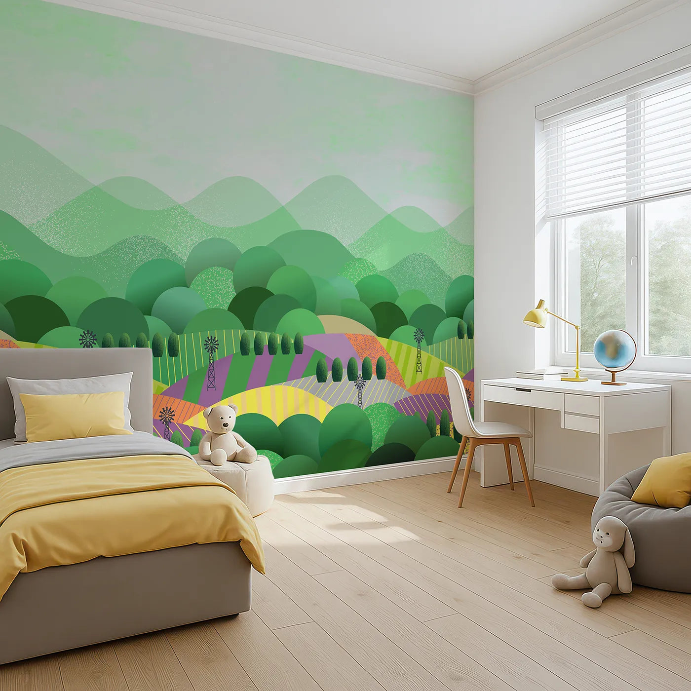 Angled view of Whimsy Tots' Rolling Hills Farm Wall Mural (Turn Their Room into a Patchwork of Country Fields).Gender-Neutral