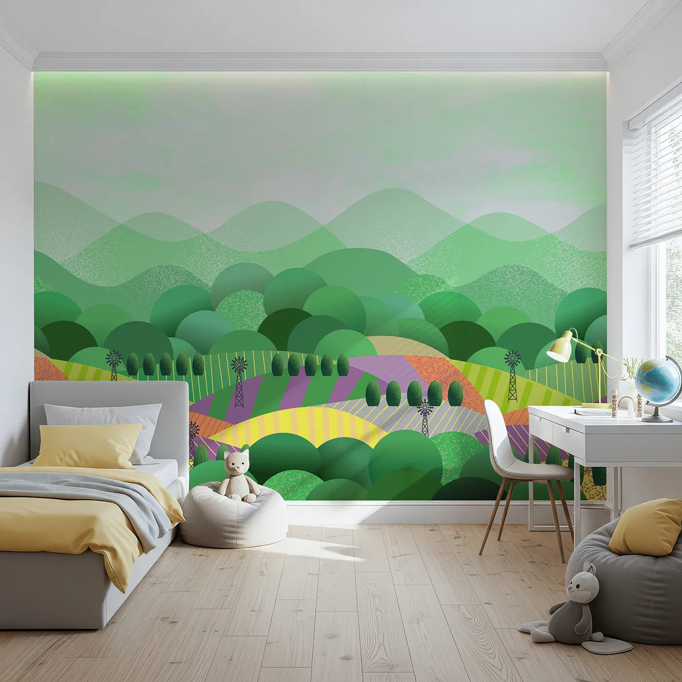 Front view of Whimsy Tots' Rolling Hills Farm Wall Mural