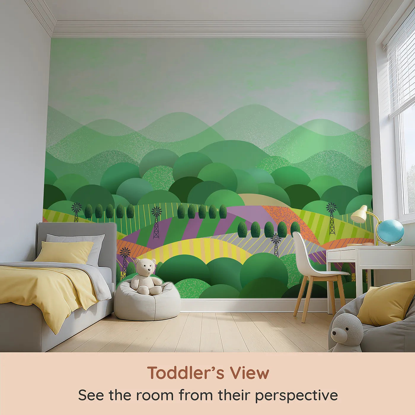 Whimsy Tots Rolling Hills Farm Wall Mural (Turn Their Room into a Patchwork of Country Fields) from your child's view.Gender-Neutral