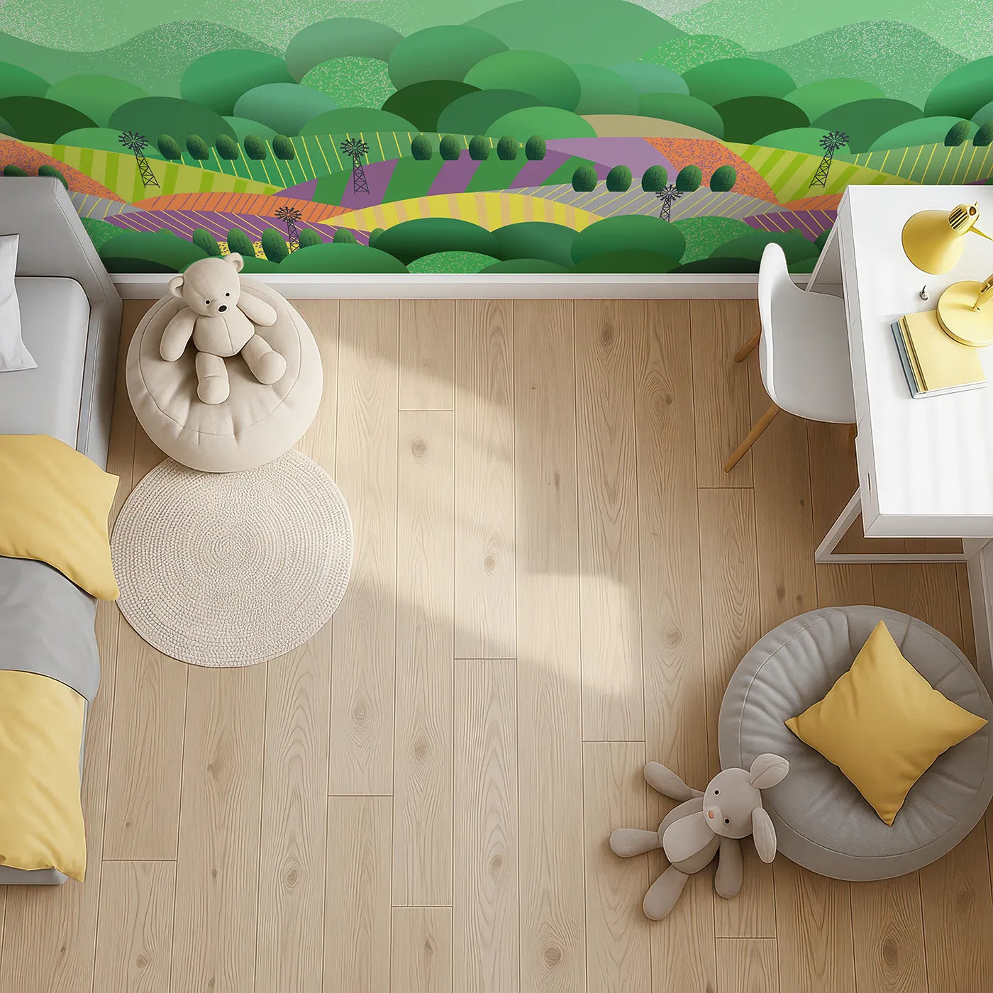 Top-down view of Whimsy Tots' Rolling Hills Farm Wall Mural (Turn Their Room into a Patchwork of Country Fields).Gender-Neutral