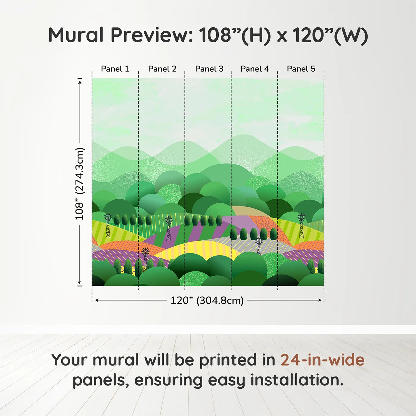 Whimsy Tots Rolling Hills Farm Wall Muraldimension view (108" H x 120" W). Printed in five 24-inch-wide panels. Gender-Neutral