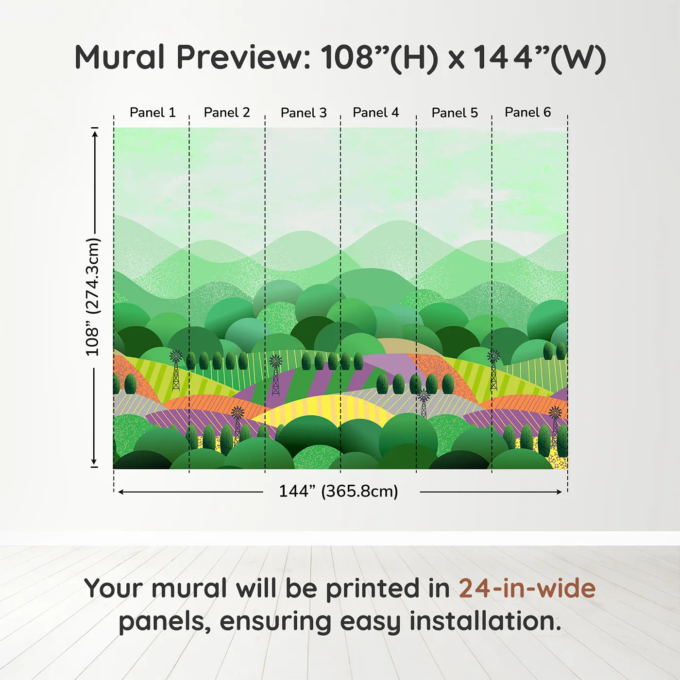 Whimsy Tots Rolling Hills Farm Wall Muraldimension view (108" H x 144" W). Printed in six 24-inch-wide panels. Gender-Neutral