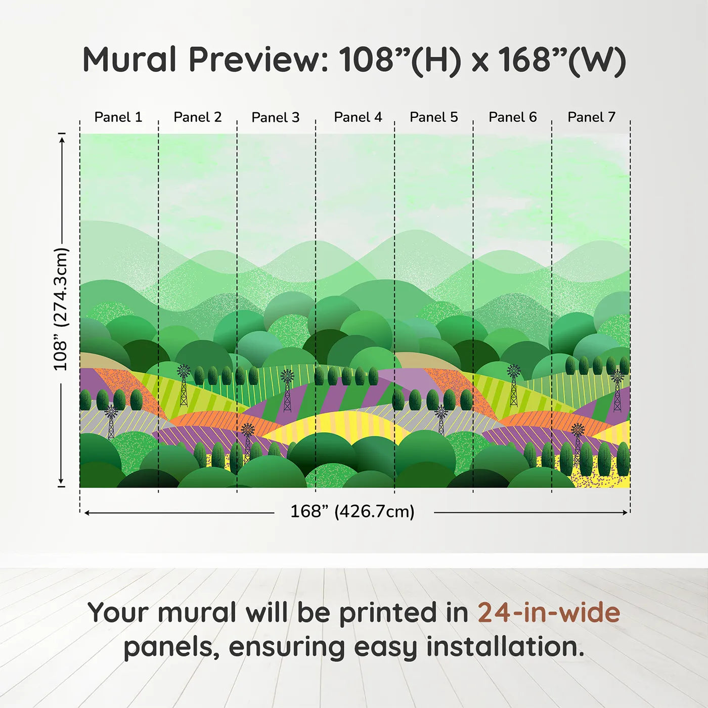 Whimsy Tots Rolling Hills Farm Wall Muraldimension view (108" H x 168" W). Printed in seven 24-inch-wide panels. Gender-Neutral
