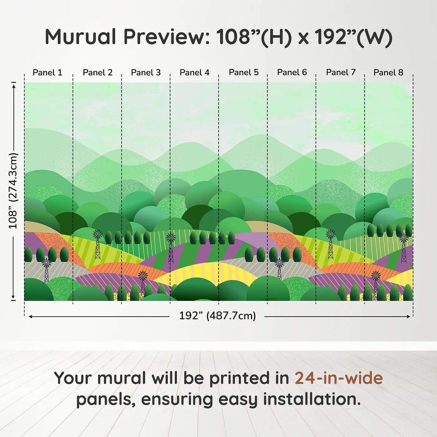 Whimsy Tots Rolling Hills Farm Wall Muraldimension view (108" H x 192" W). Printed in eight 24-inch-wide panels. Gender-Neutral