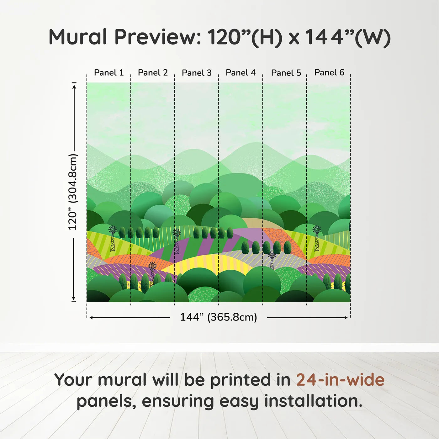Whimsy Tots Rolling Hills Farm Wall Muraldimension view (120" H x 144" W). Printed in six 24-inch-wide panels. Gender-Neutral