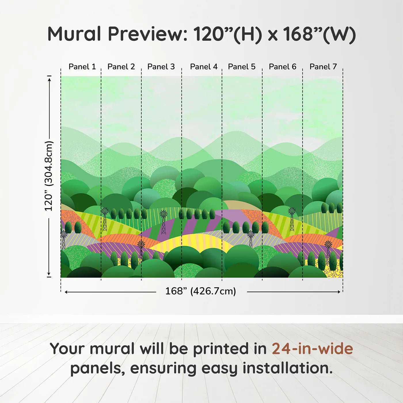 Whimsy Tots Rolling Hills Farm Wall Muraldimension view (120" H x 168" W). Printed in seven 24-inch-wide panels. Gender-Neutral