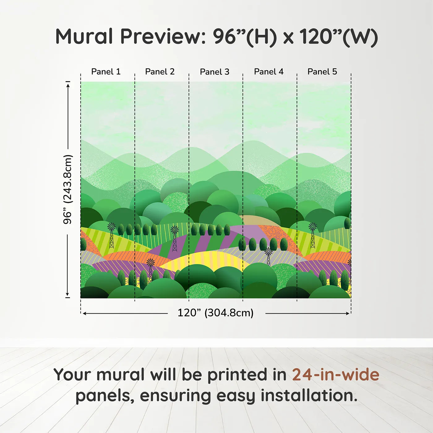Whimsy Tots Rolling Hills Farm Wall Muraldimension view (96" H x 120" W). Printed in five 24-inch-wide panels. Gender-Neutral
