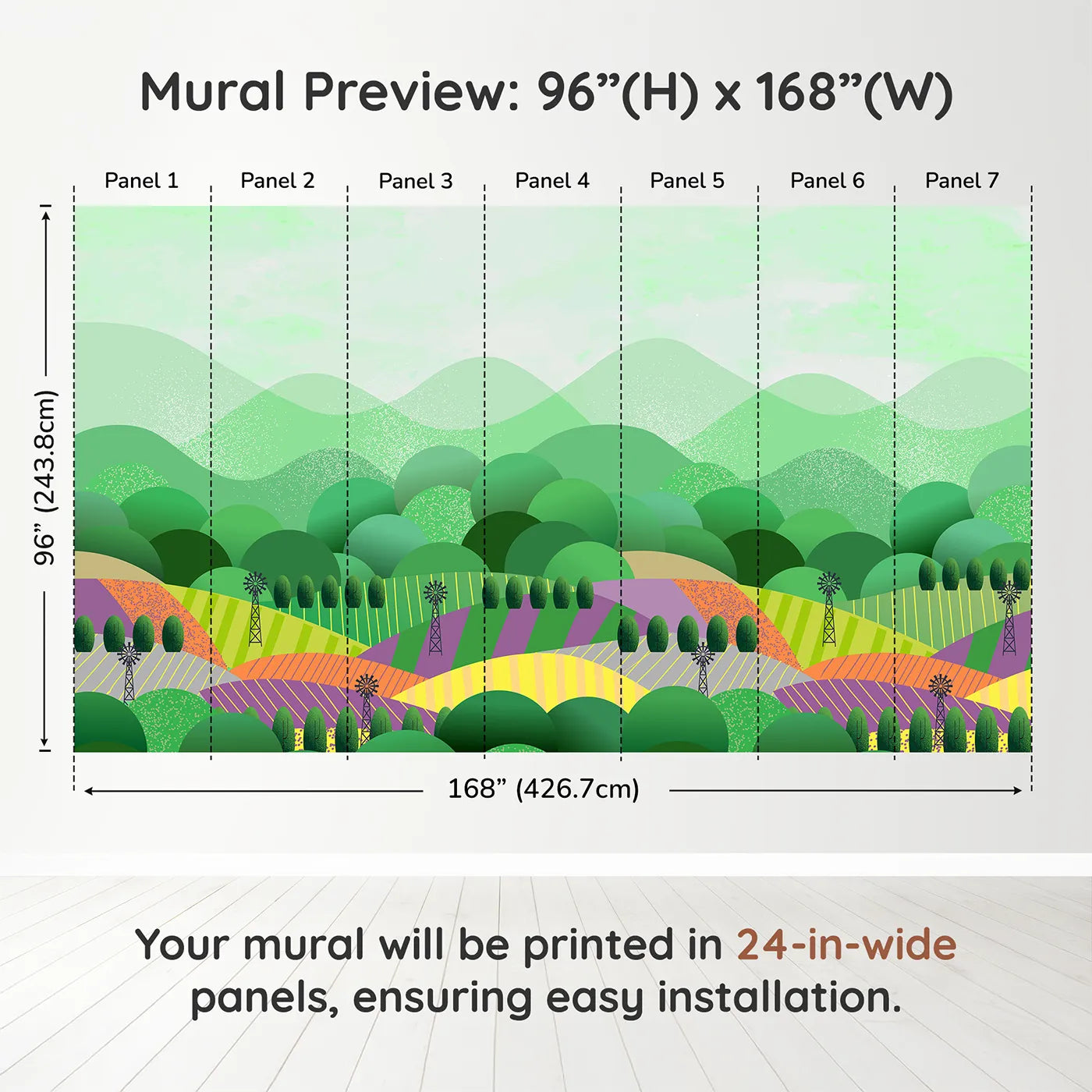 Whimsy Tots Rolling Hills Farm Wall Muraldimension view (96" H x 168" W). Printed in seven 24-inch-wide panels. Gender-Neutral
