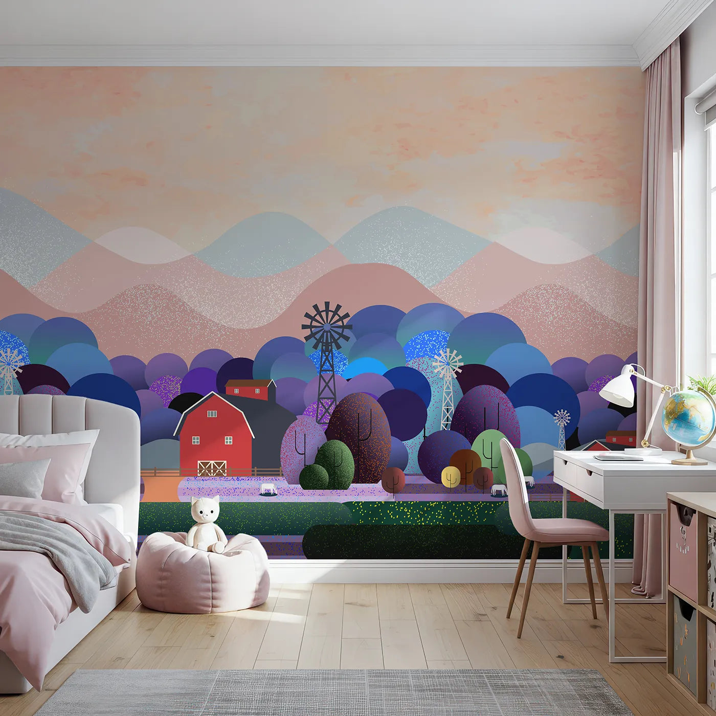 Front view of Whimsy Tots' Nightfall Farm Wall Mural