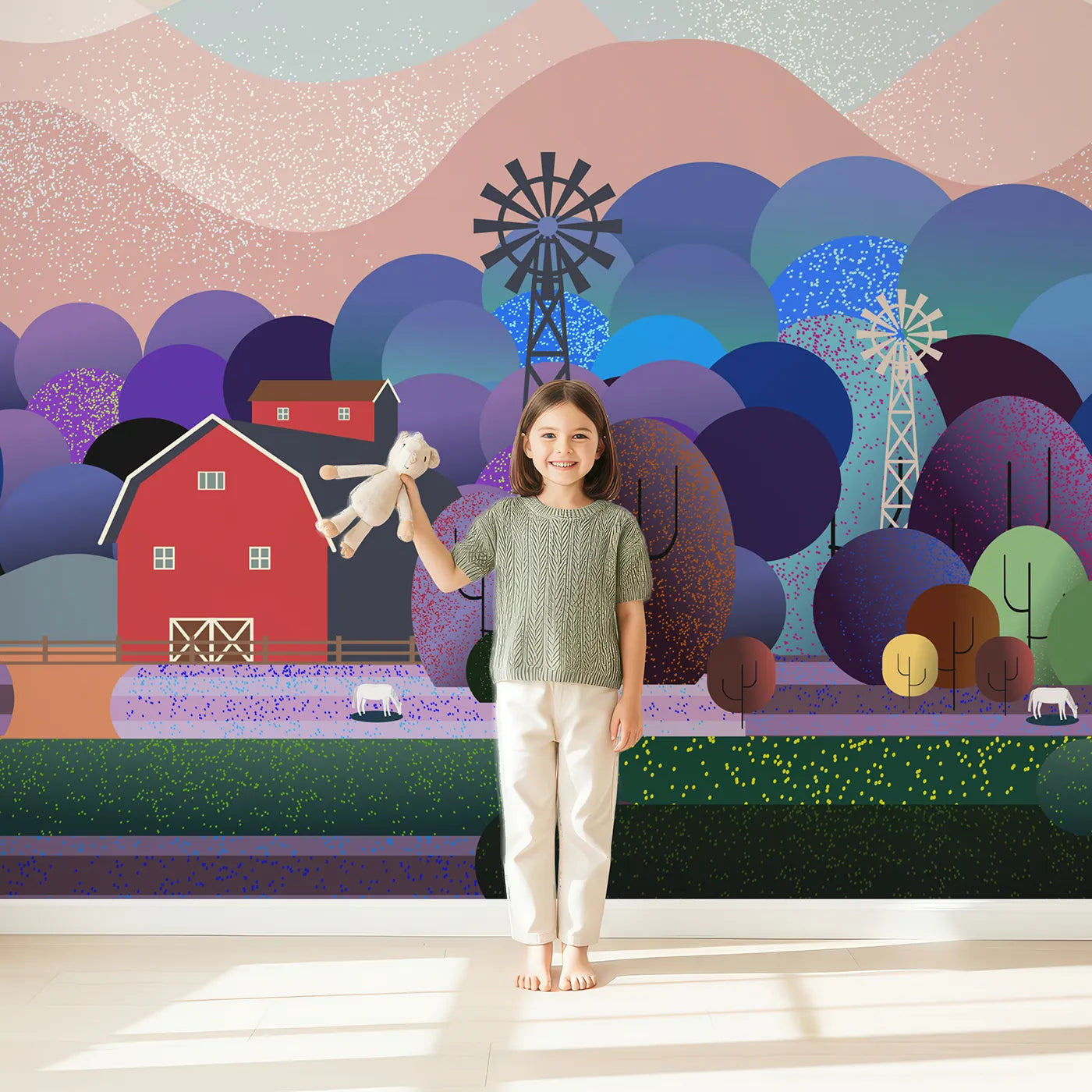 Child in front of Whimsy Tots Nightfall Farm Wall Mural with farm, barn, countryside, night, landscape, blue, purple, red in design.