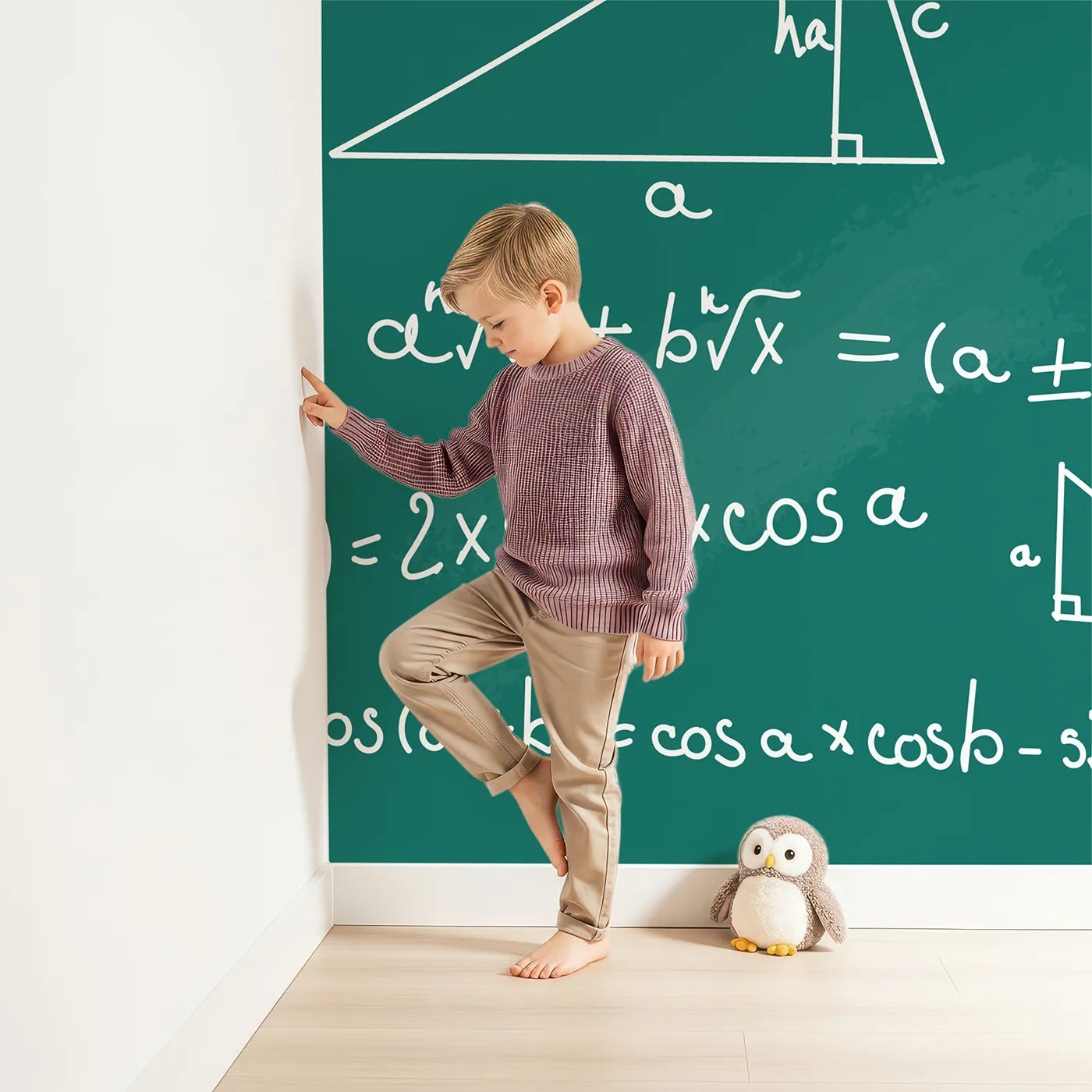 Child in front of Whimsy Tots Math Equations Chalkboard Wall Mural with math, science, equation, formula, chalkboard, geometry, number, learn in design.