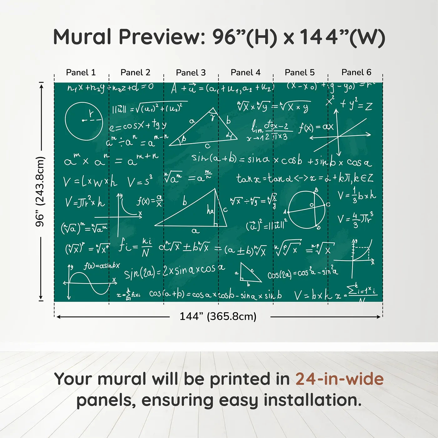 Whimsy Tots Math Equations Chalkboard Wall Muraldimension view (96" H x 144" W). Printed in six 24-inch-wide panels. Gender-Neutral
