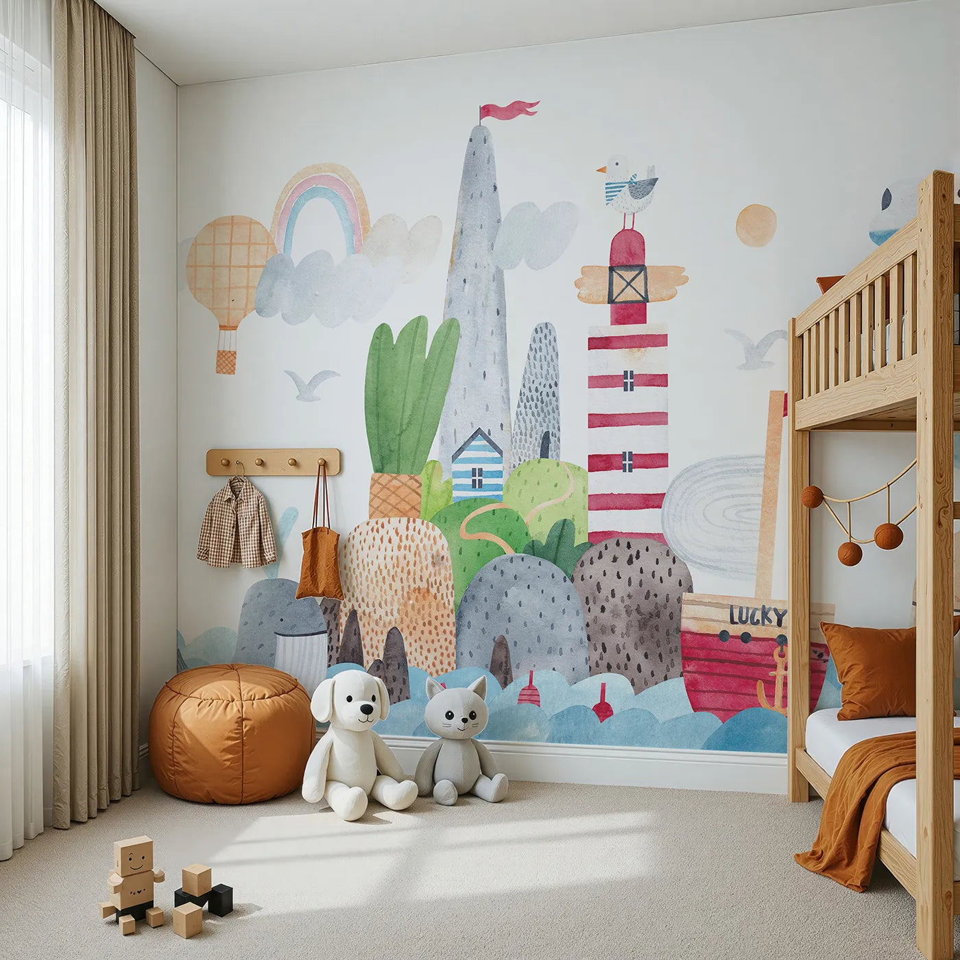 Angled view of Whimsy Tots' Whimsical Seaside Town Wall Mural (Turn Their Room into a Cheerful Day by the Sea).Gender-Neutral