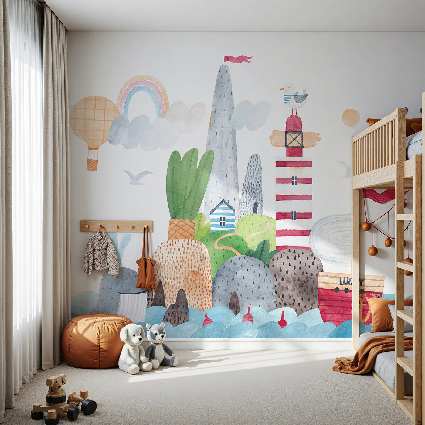 Front view of Whimsy Tots' Whimsical Seaside Town Wall Mural