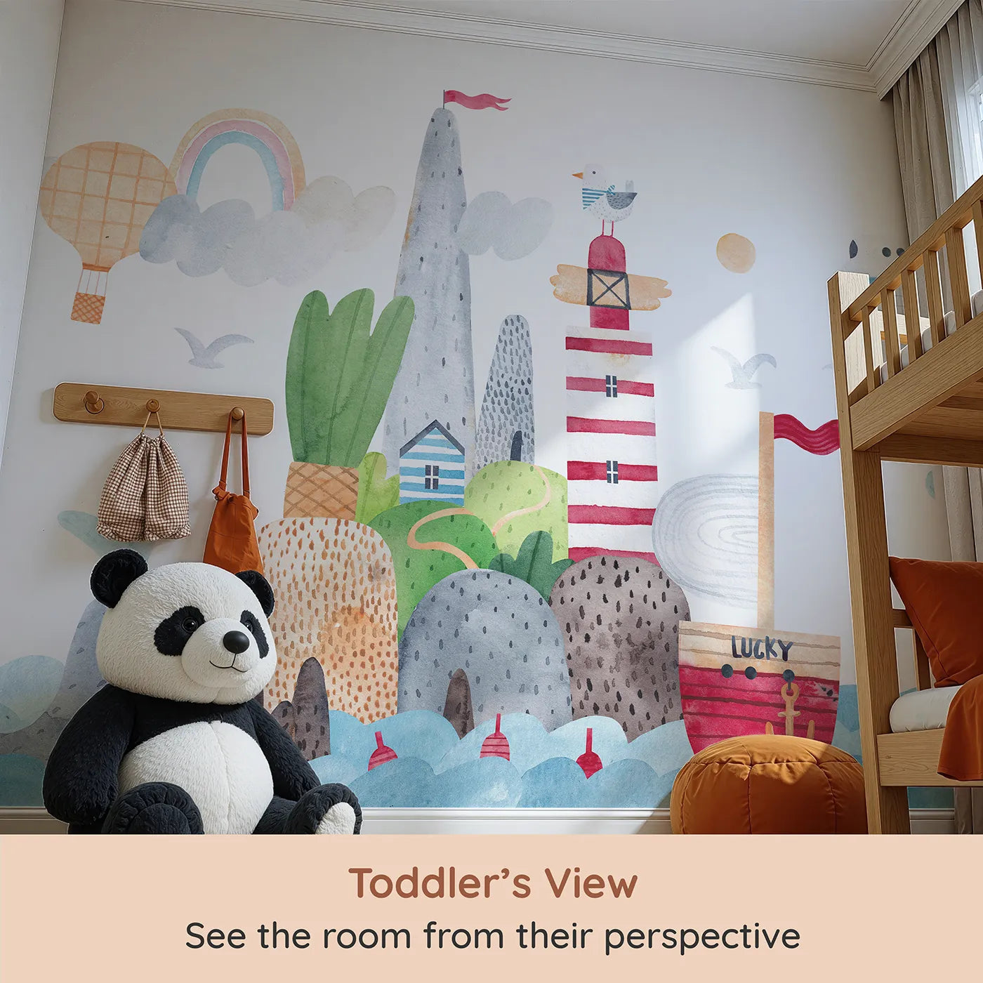 Whimsy Tots Whimsical Seaside Town Wall Mural (Turn Their Room into a Cheerful Day by the Sea) from your child's view.Gender-Neutral