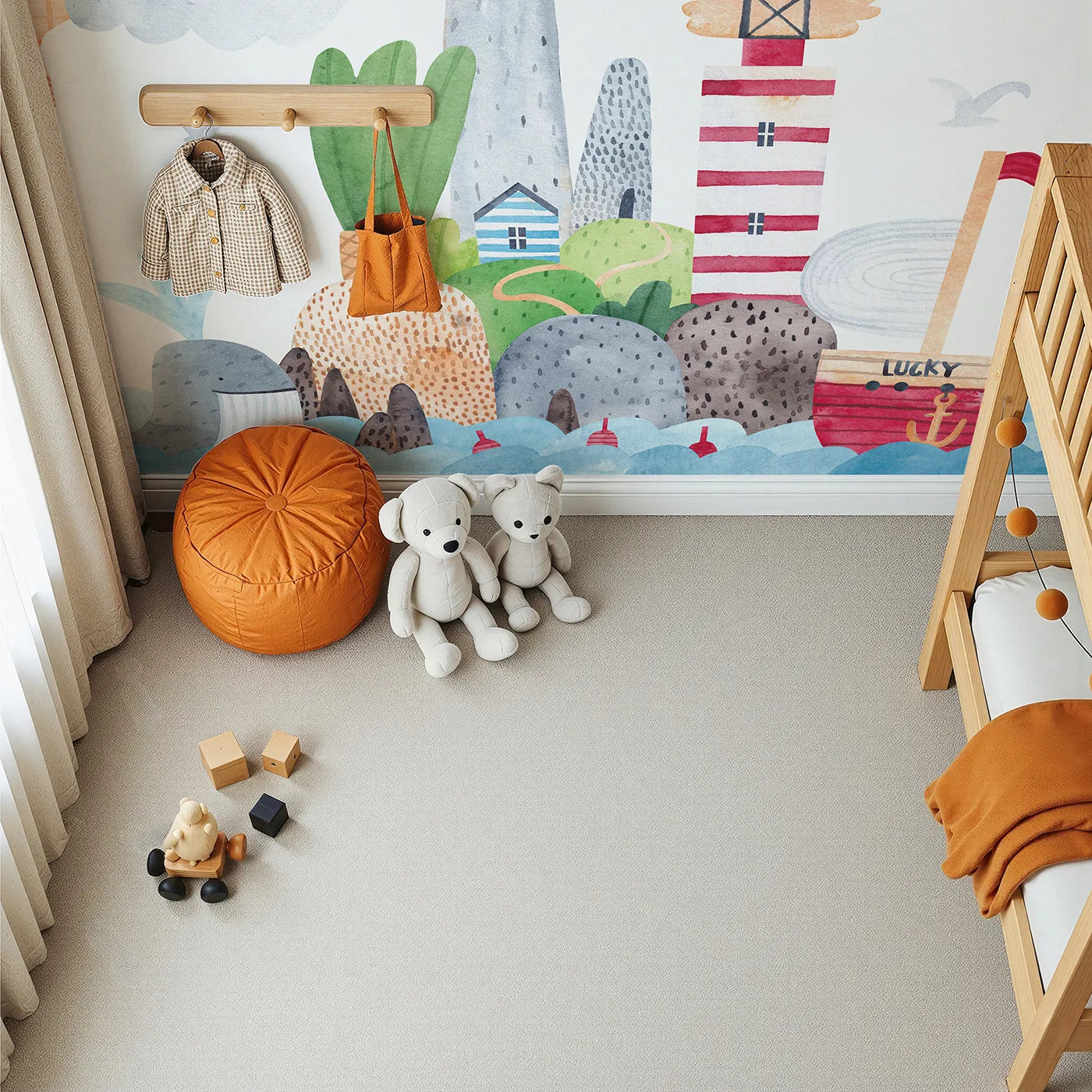 Top-down view of Whimsy Tots' Whimsical Seaside Town Wall Mural (Turn Their Room into a Cheerful Day by the Sea).Gender-Neutral