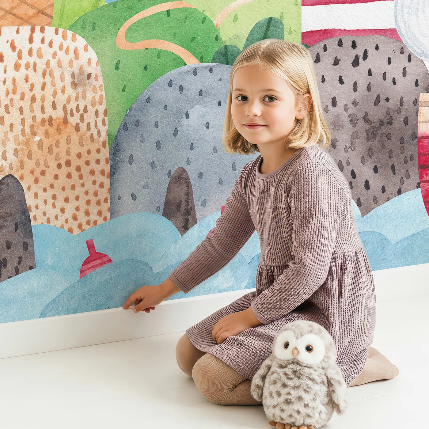 Child in front of Whimsy Tots Whimsical Seaside Town Wall Mural with sea, ocean, whale, boat, lighthouse, rainbow, watercolor, island in design.