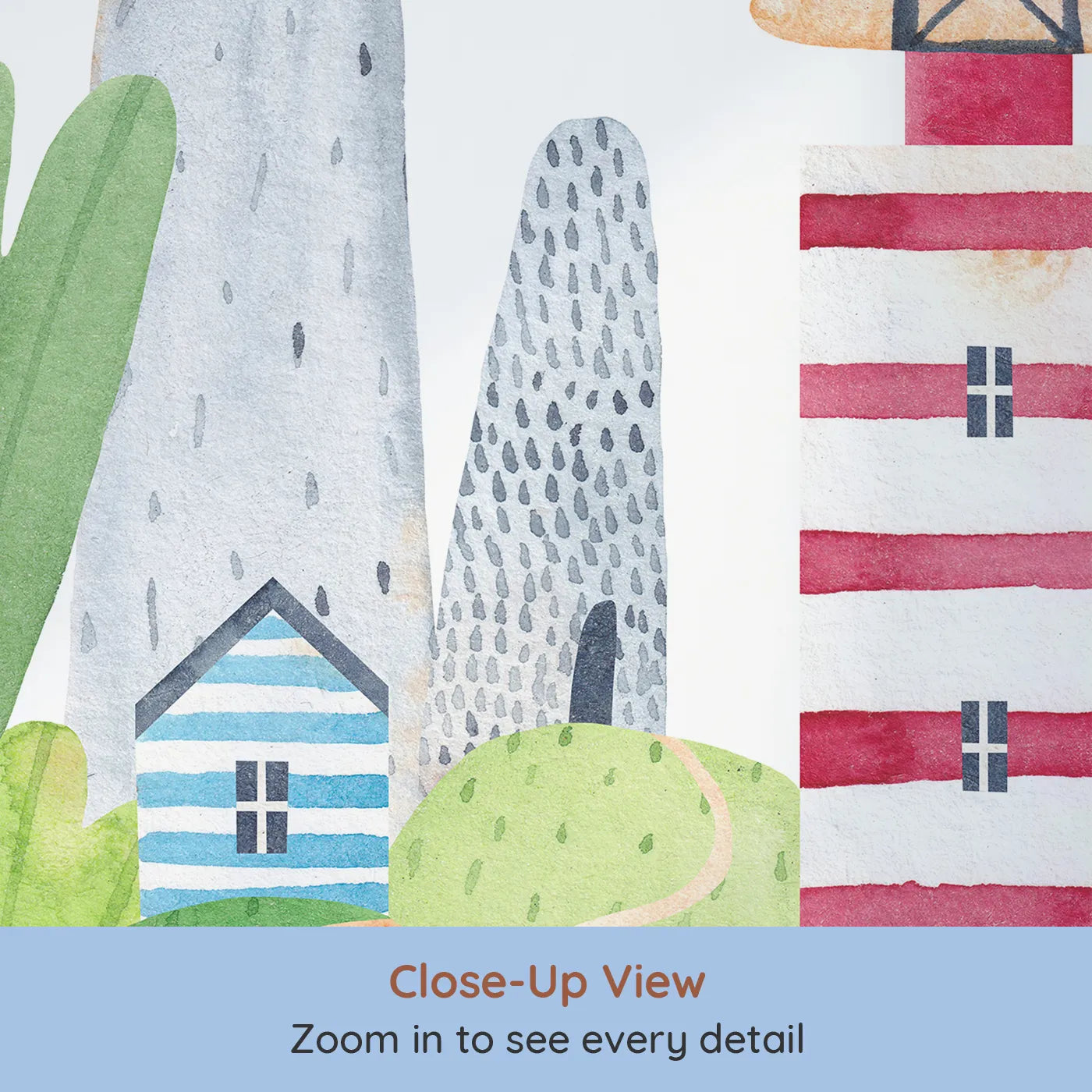 Close-up view of Whimsy Tots' Whimsical Seaside Town Wall Mural (Turn Their Room into a Cheerful Day by the Sea).Gender-Neutral