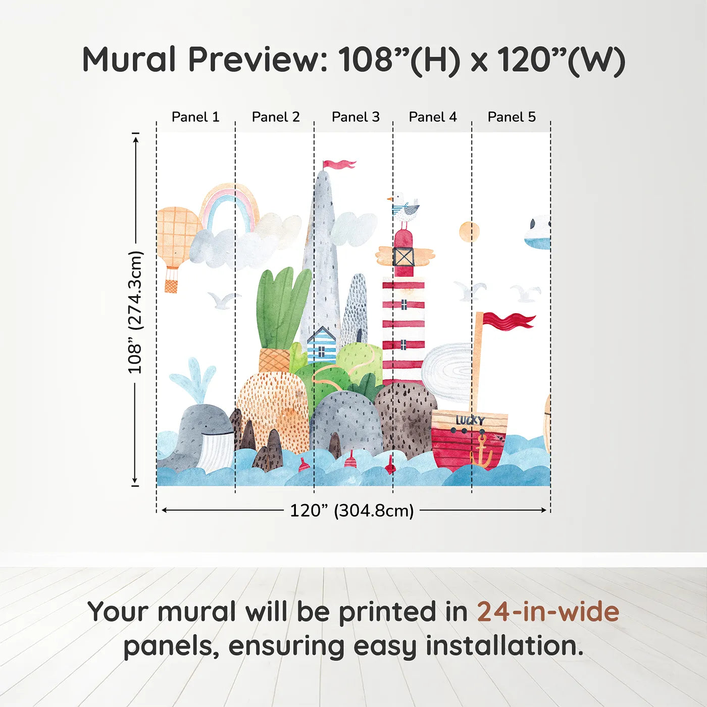 Whimsy Tots Whimsical Seaside Town Wall Muraldimension view (108" H x 120" W). Printed in five 24-inch-wide panels. Gender-Neutral
