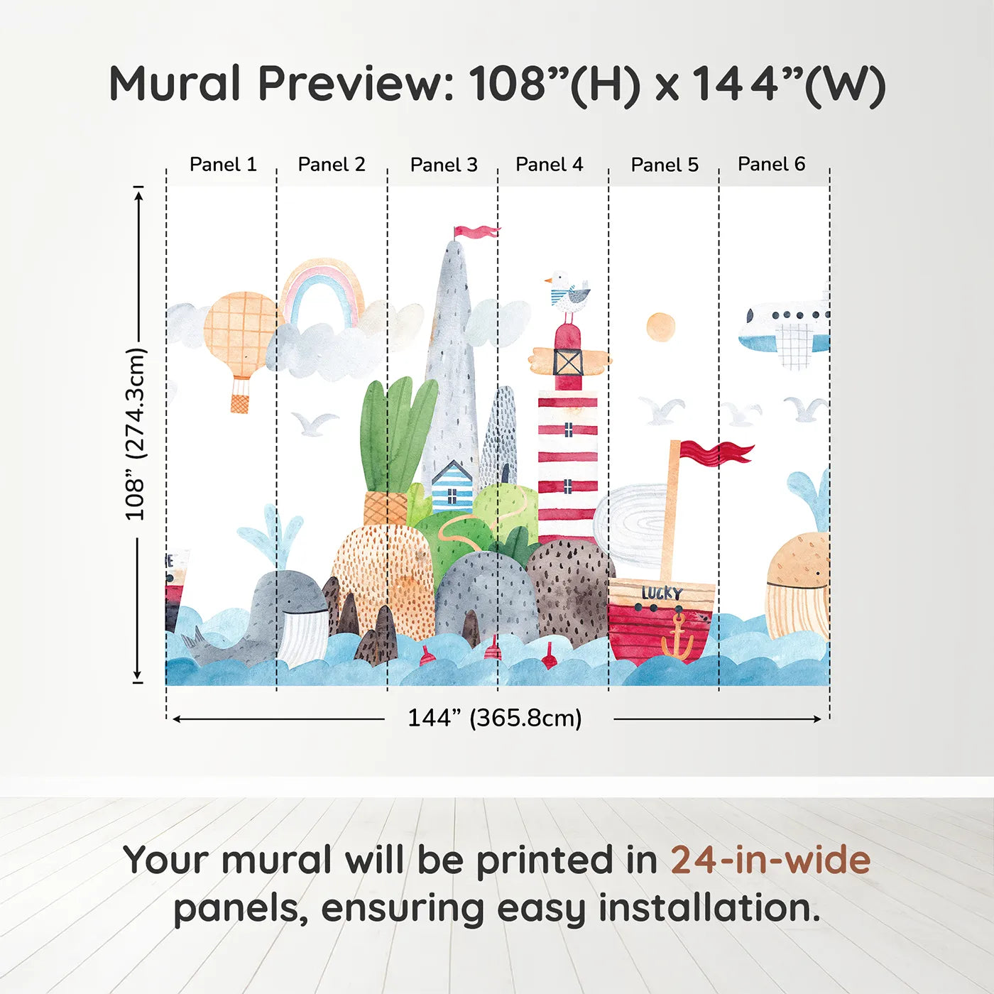 Whimsy Tots Whimsical Seaside Town Wall Muraldimension view (108" H x 144" W). Printed in six 24-inch-wide panels. Gender-Neutral