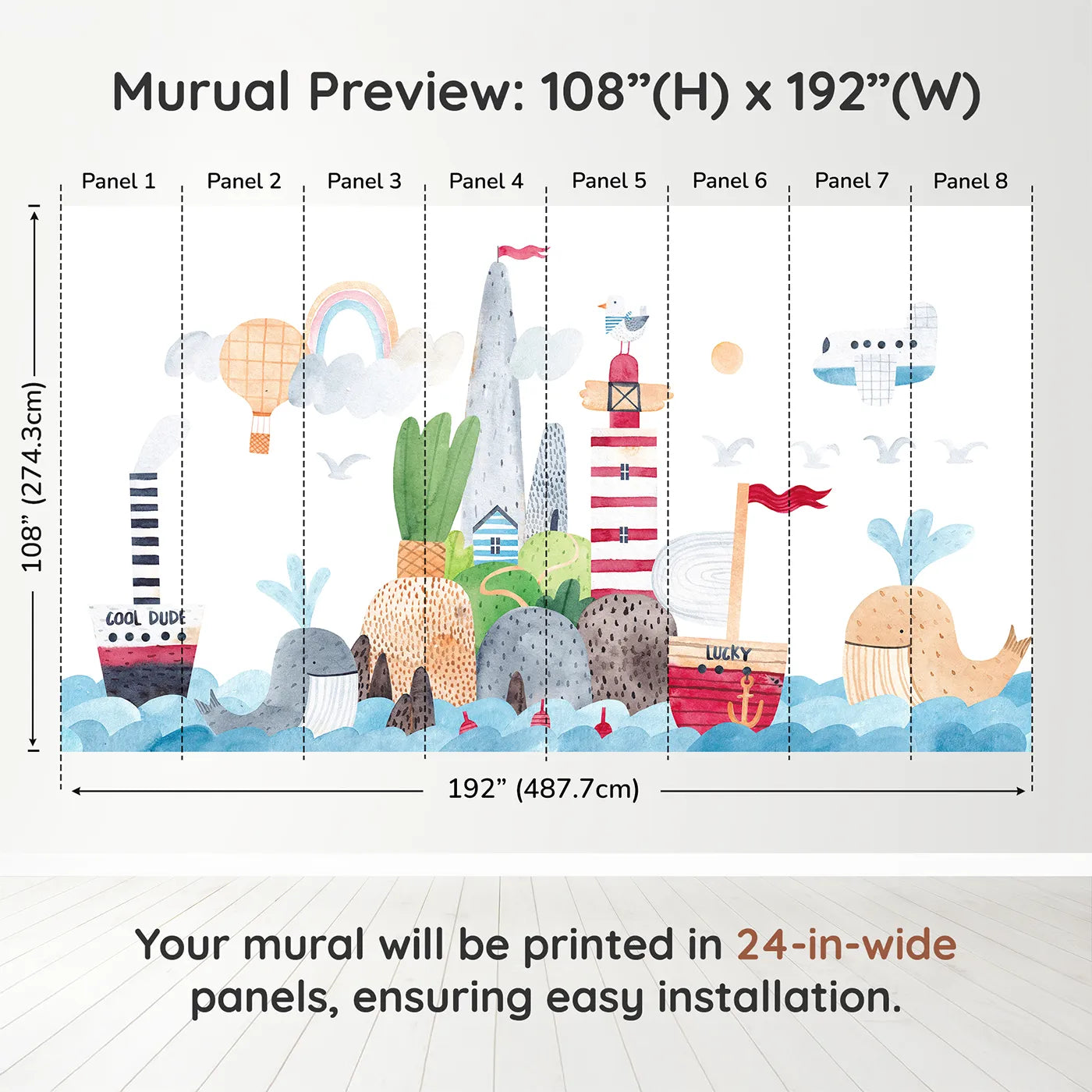 Whimsy Tots Whimsical Seaside Town Wall Muraldimension view (108" H x 192" W). Printed in eight 24-inch-wide panels. Gender-Neutral