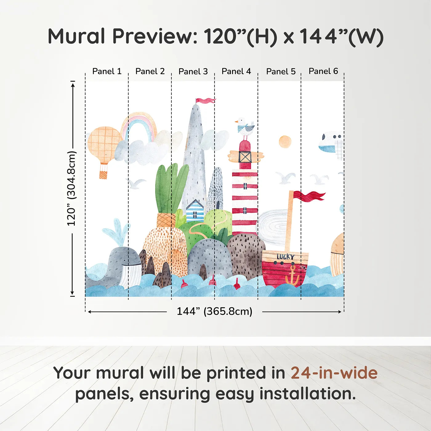 Whimsy Tots Whimsical Seaside Town Wall Muraldimension view (120" H x 144" W). Printed in six 24-inch-wide panels. Gender-Neutral