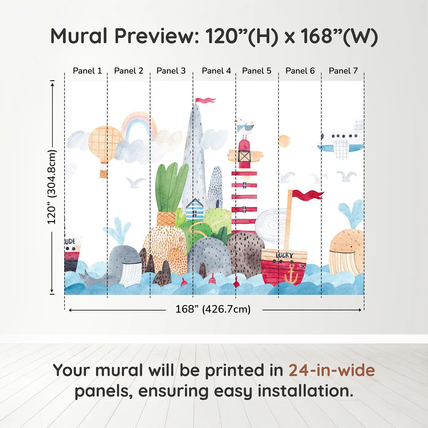 Whimsy Tots Whimsical Seaside Town Wall Muraldimension view (120" H x 168" W). Printed in seven 24-inch-wide panels. Gender-Neutral