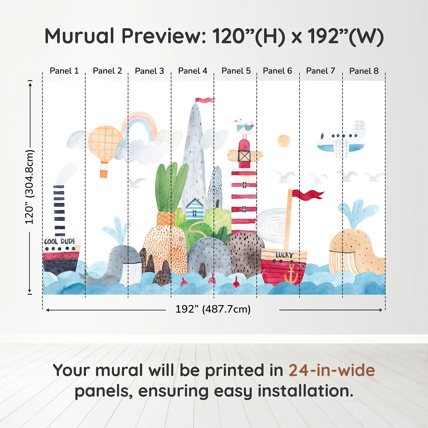 Whimsy Tots Whimsical Seaside Town Wall Muraldimension view (120" H x 192" W). Printed in eight 24-inch-wide panels. Gender-Neutral