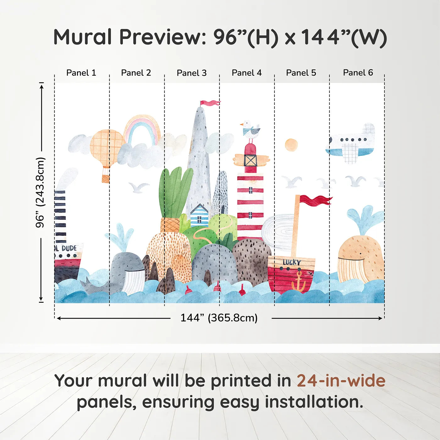 Whimsy Tots Whimsical Seaside Town Wall Muraldimension view (96" H x 144" W). Printed in six 24-inch-wide panels. Gender-Neutral