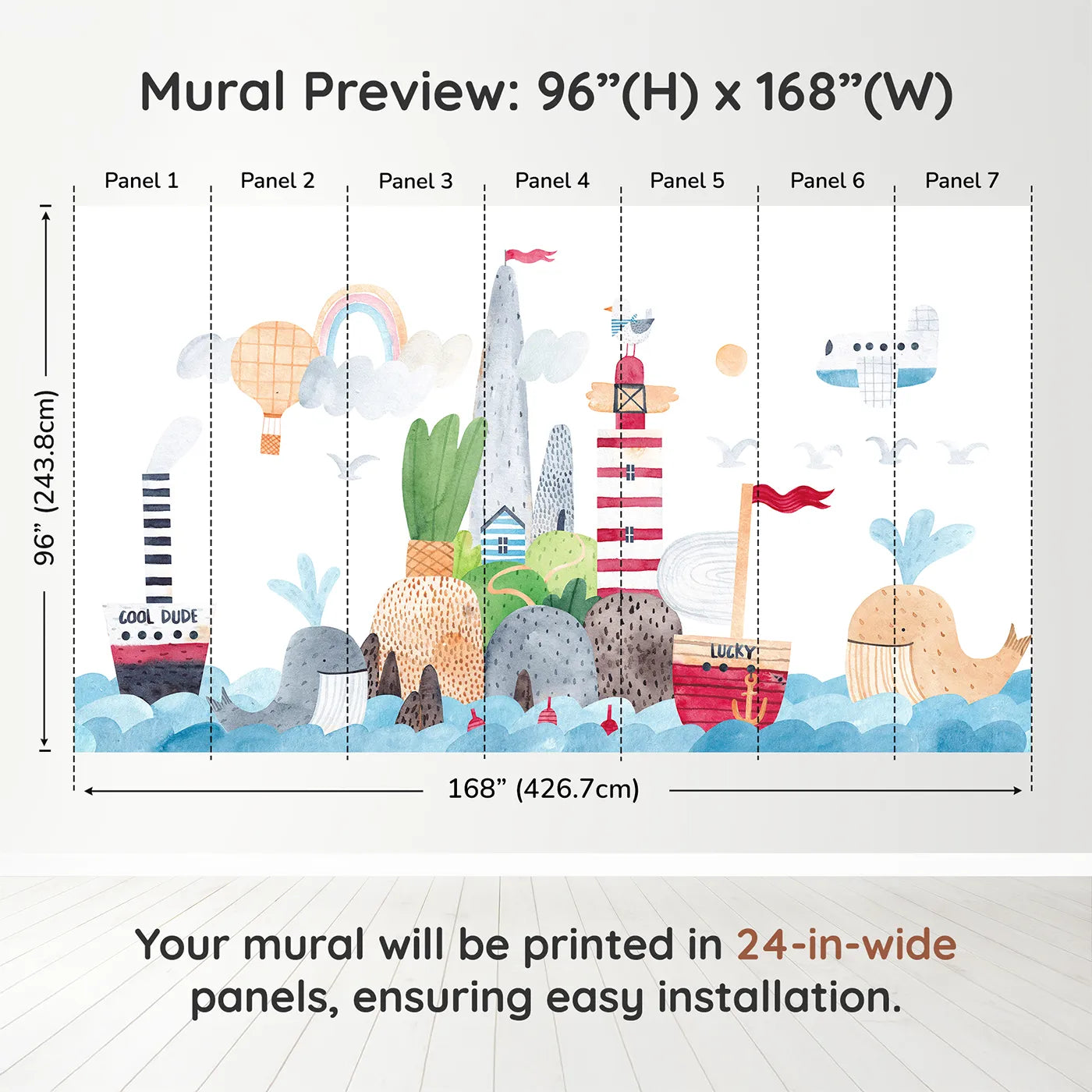 Whimsy Tots Whimsical Seaside Town Wall Muraldimension view (96" H x 168" W). Printed in seven 24-inch-wide panels. Gender-Neutral