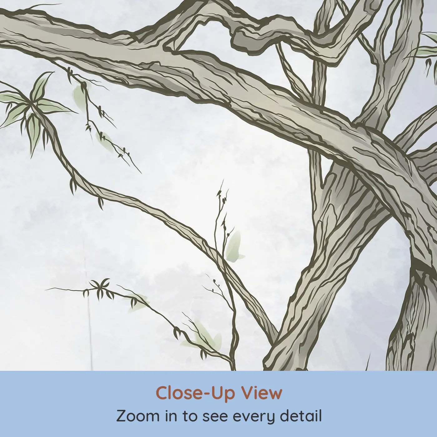 Close-up view of Whimsy Tots' Gnarled Tree Grove Wall Mural in Green (Turn Their Room into an Ancient, Mystical Forest).Gender-Neutral