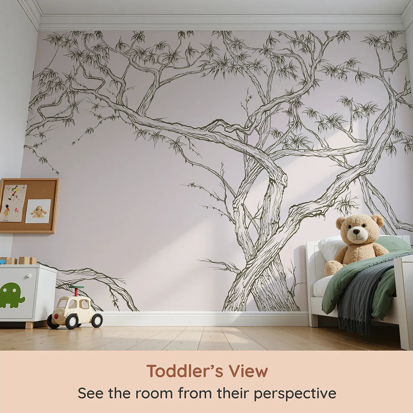 Whimsy Tots Gnarled Tree Grove Wall Mural in Beige (Turn Their Room into an Artistic, Natural Sanctuary) from your child's view.Gender-Neutral