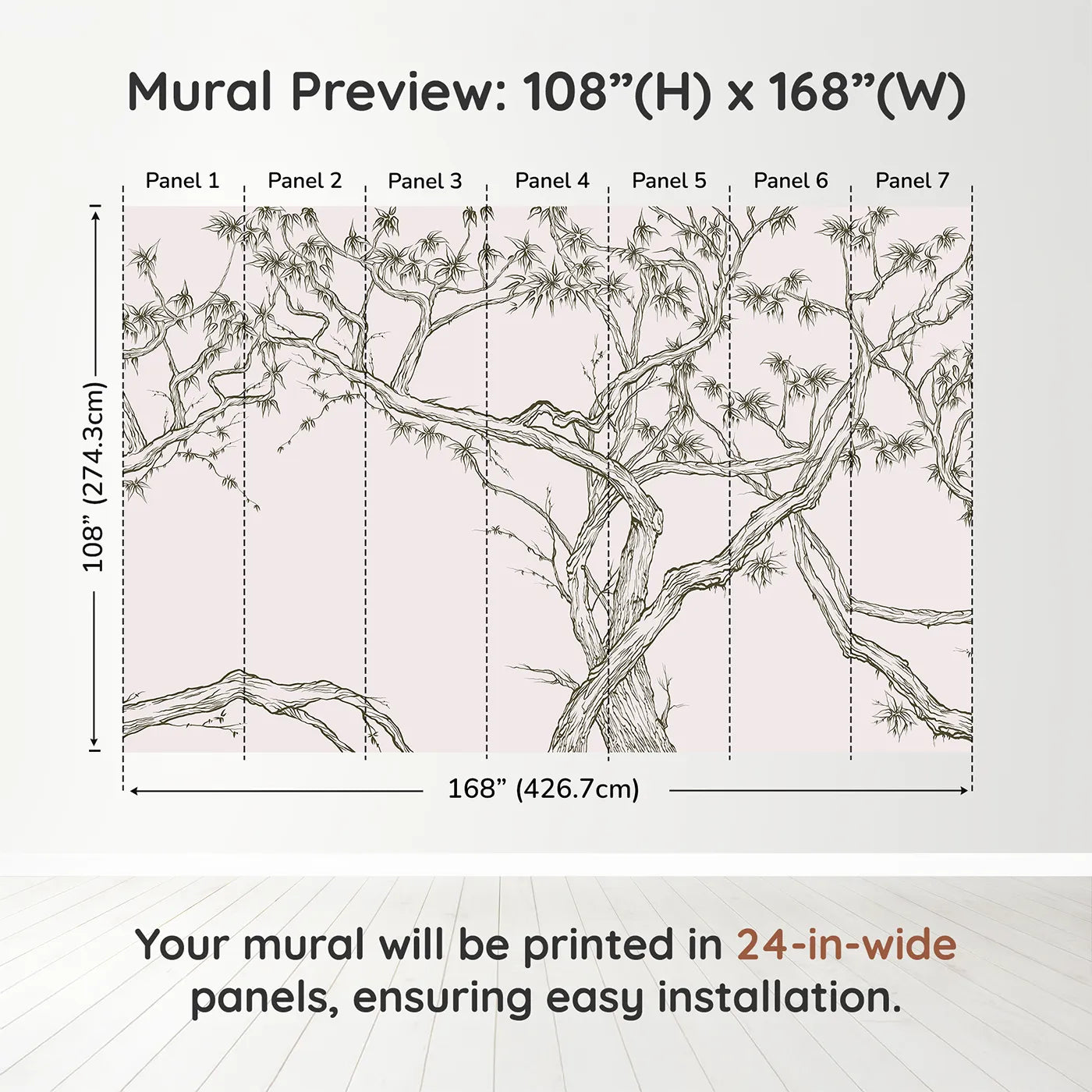 Whimsy Tots Gnarled Tree Grove Wall Mural in Beigedimension view (108" H x 168" W). Printed in seven 24-inch-wide panels. Gender-Neutral
